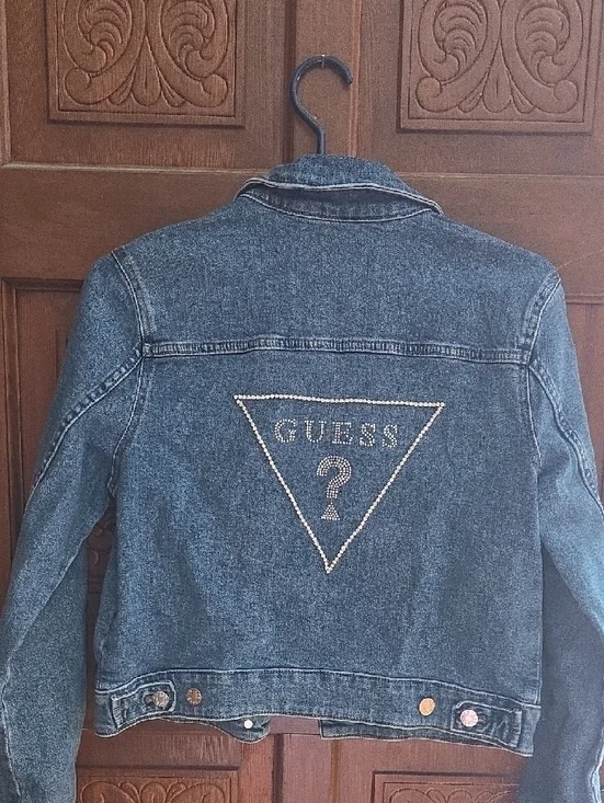 GUESS Distressed Blue Denim Jacket with Rhinestone Logo - Picture 4 of 5